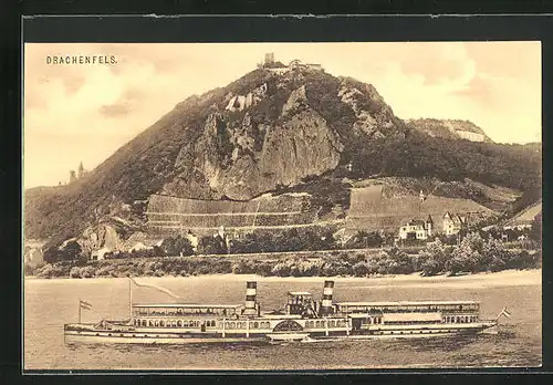 AK Königswinter, Blick zum Drachenfels, Dampfer auf dem Rhein