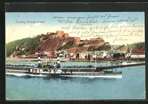 AK Koblenz, Festung Ehrenbreitstein, Dampfer auf dem Rhein