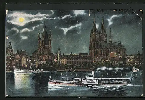 AK Köln, Dampfer auf dem Rhein, Panorama mit Kölner Dom bei Nacht