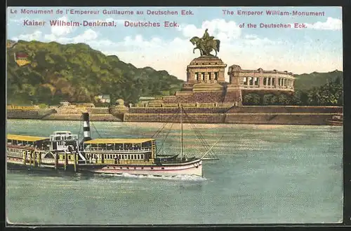 AK Koblenz, Kaiser Wilhelm-Denkmal am Deutschen Eck, Dampfer auf dem Rhein