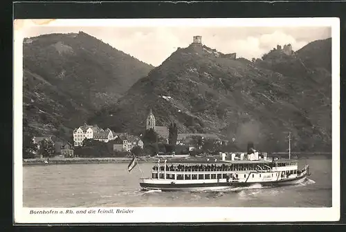 AK Bornhofen a. Rh., Ortsansicht, Blick zu den feindlichen Brüdern, Dampfer Juliana auf dem Rhein