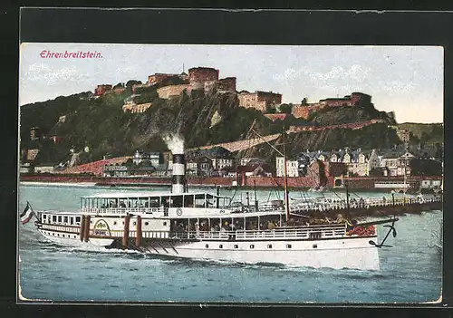 AK Koblenz, Dampfer Undine auf dem Rhein, Blick zur Festung Ehrenbreitstein