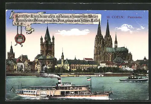 AK Köln, Rheinpanorama, Blick zum Dom, Dampfer Overstolz passiert die Stadt