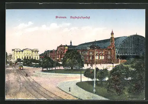 AK Bremen, Bahnhofsplatz, Blick zum Bahnhof