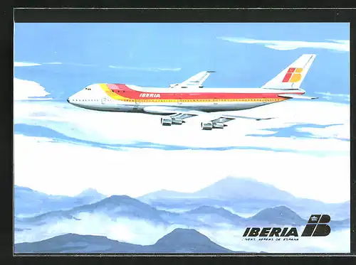 AK Flugzeug Boeing 747 der Iberia am Himmel