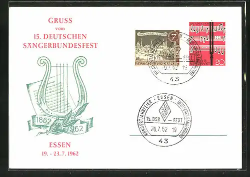 AK Essen, 15. Deutsches Sängerbundesfest 1962, Liederblatt und Harfe