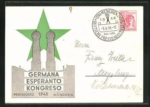 AK München, Germana Esperanto Kongreso 1948, Frauenkirche und grüner Stern