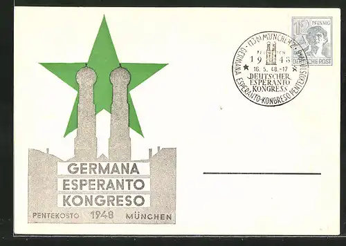 AK München, Germana Esperanto Kongreso 1948, Frauenkirche und grüner Stern