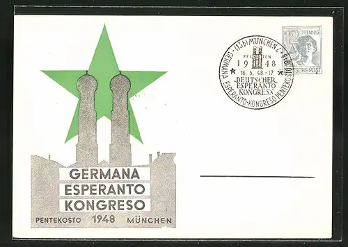 AK München, Germana Esperanto Kongreso 1948, Frauenkirche und grüner Stern