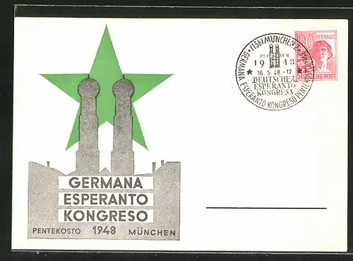 AK München, Germana Esperanto Kongreso 1948, Frauenkirche und grüner Stern