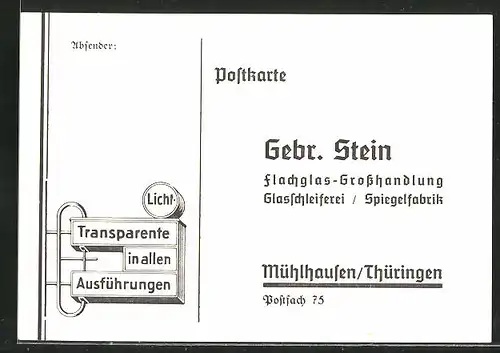 AK Mühlhausen / Thür., Flachglas-Grosshandlung Gebr. Stein, Handwerk