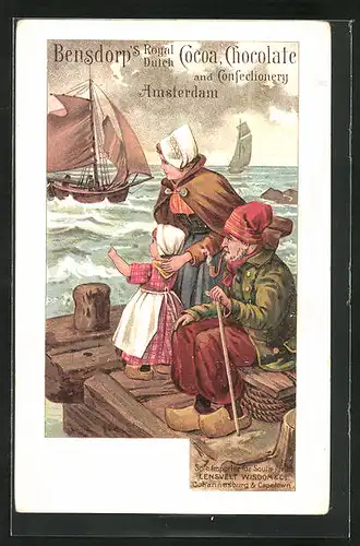 AK Amsterdam, Reklame für Bensdorp`s Royal Dutch Cocoa, Chocolate, Mutter und Kind warten am Hafen, Kakao