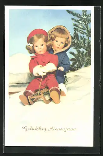 AK Käthe Kruse-Puppen bei der Schlittenfahrt, Gelukkig Nieuwjaar!