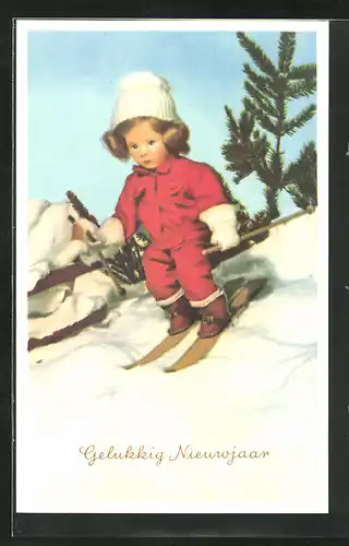 AK Käthe Kruse-Puppe auf Skiern, Gelukkig Nieuwjaar!