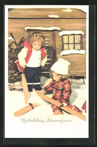 AK Käthe Kruse-Puppe repariert einen zerbrochenen Ski, Gelukkig Nieuwjaar!