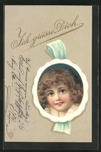 Lithographie Mädchengesicht im Passepartoutrahmen, Ich grüsse Dich, Kinder