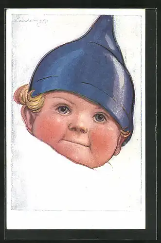 AK Junge mit blauer Zipfelmütze im Bett, Kinder