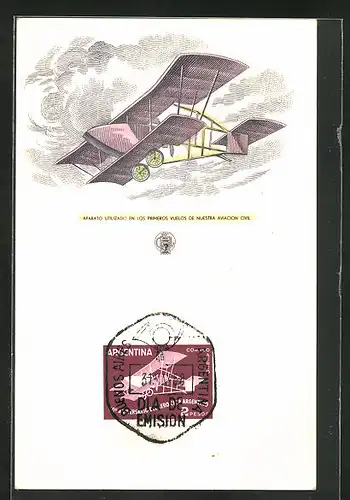 Maximum-AK Doppeldecker-Flugzeug am Himmel, Doppeldecker-Briefmarke
