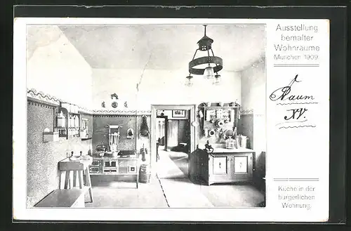 AK München, Ausstellung bemalter Wohnräume 1909, Küche in der bürgerlichen Wohnung