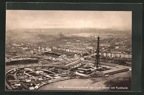 AK Berlin, Ausstellungsgelände mit Funkturm vom Flugzeug aus gesehen