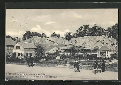 AK Bern, Schweizerische Landesausstellung 1914, Alpenklub-Hütte und Scenerie-Bahn
