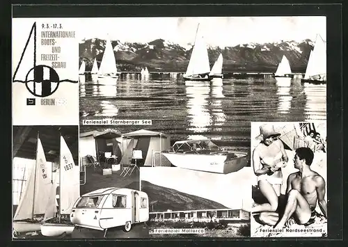 AK Berlin, Ausstellung Internationale Boots- und Freizeit-Schau 1968, Ausstellungshalle und Ferienziele