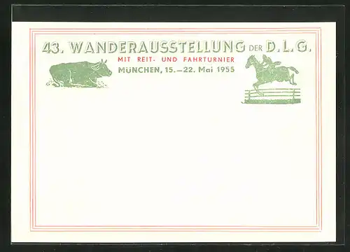 AK München, 43. Wanderausstellung der D. L. G. 1955, Kuh und Springreiter