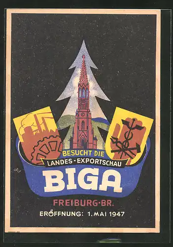 AK Freiburg i. Br., Ausstellung Landes-Exportschau BIGA 1947, Wappen und Münster