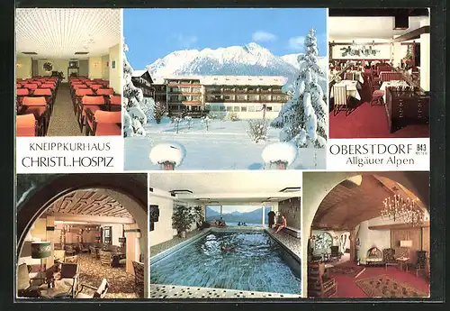 AK Oberstdorf im Allgäu, das Kneippkurhaus Christl. Hospiz, am eingeschneiten Haus, Blick auf die Berge, Gasträume