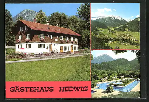 AK Bad Oberdorf im Allgäu, am Gästehaus Hedwig, am Wasserbecken, Blick auf die Berge