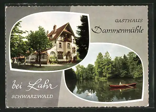 AK Lahr im Schwarzwald, am Gasthaus Dammenmühle, Ruderboot auf dem See