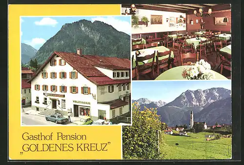 AK Pfronten-Ried, Gasthof-Pension Goldenes Kreuz, in der Gaststube, Blick in die Berge