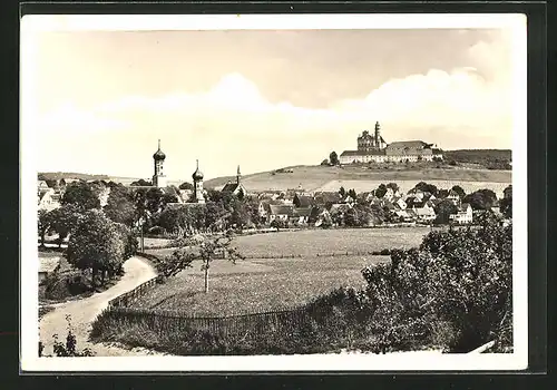 AK Neresheim, Ortsansicht mit der Abtei von Westen