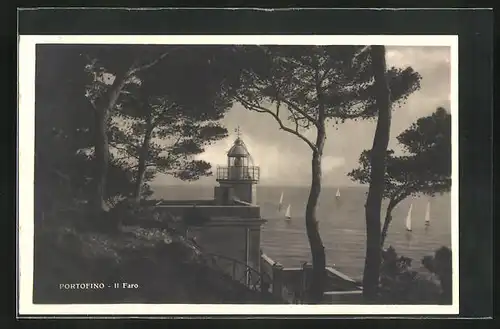 AK Portofino, Il Faro, der Leuchtturm mit Blick auf die Segelschiffe