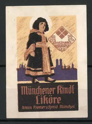 Reklamemarke Münchner Kindl Liköre von Anton Riemerschmid München, Münchner Kindl vor Stadtsilhouette