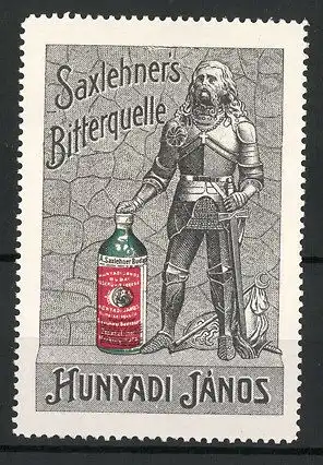 Reklamemarke Saxlehner's Bitterquelle, Hunyadi János, Knappe mit Flasche