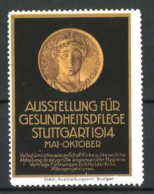 Reklamemarke Stuttgart, Ausstellung für Gesundheitspflege 1914, Goldmünze mit griech. Gott