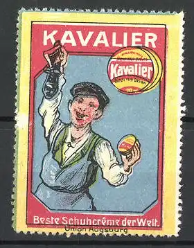 Reklamemarke Kavalier ist die Beste Schuhcreme der Welt, Schuster mit glänzendem Stiefel und Schuhputzdose