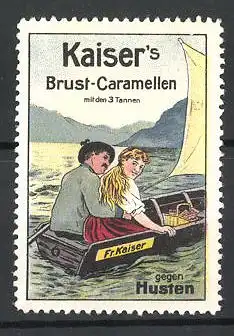 Reklamemarke Kaiser's Brust-Caramellen mit den 3 Tannen gegen Husten, Liebespaar in einem Ruderboot