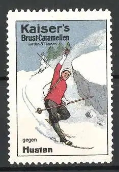 Reklamemarke Kaiser's Brust-Caramellen mit den 3 Tannen gegen Husten, Skiläufer im schneebedeckten Gebirge
