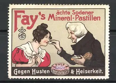 Reklamemarke Fay's ächte Sodener Mineral-Pastillen gegen Husten und Heiserkeit, alte Dame gibt einem Fräulein Pastillen