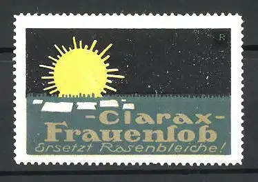 Reklamemarke Clarax-Frauenlob ersetzt Rasenbleiche!, Sonne beleuchtet einen grünen Rasen