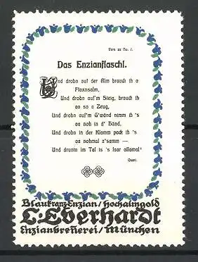 Reklamemarke Enzianbrennerei L. Eberhardt, Blaukranz-Enzian / Hochalmgold, Gedicht: Das Enzianflaschl