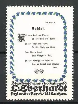 Reklamemarke Enzianbrennerei L. Eberhardt, Blaukranz-Enzian / Hochalmgold, Gedicht: Soldat