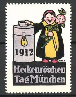 Künstler-Reklamemarke P. O. Engelhard, München, Heckenröschentag 1912, Münchner Kindl mit Heckenrose