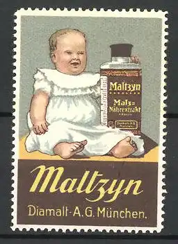Reklamemarke Maltzym Mal-Nährextrakt, Diamalt AG München, Baby mit Flasche Maltzym