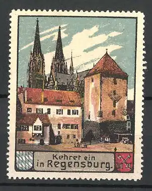 Reklamemarke Regensburg, Stadtansicht mit Kirchtürmen, Stadtwappen