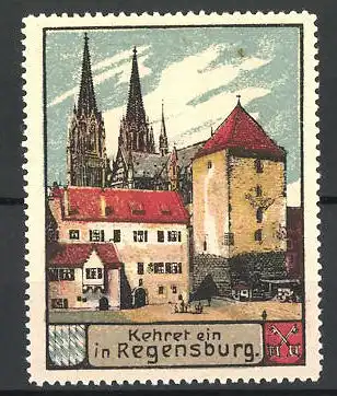 Reklamemarke Regensburg, Stadtansicht mit Kirchtürmen, Stadtwappen