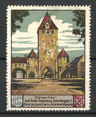 Reklamemarke Regensburg, Blick auf das Ostentor, Stadtwappen