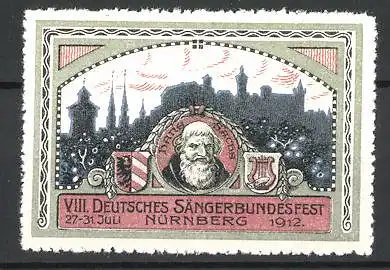 Reklamemarke Nünberg, VIII. Deutsches Sängerbundfest 1912, Ortsansicht, Männerportrait & Wappen